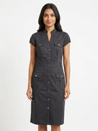 Charcoal Short Sleeve Button-Down Midi Dress