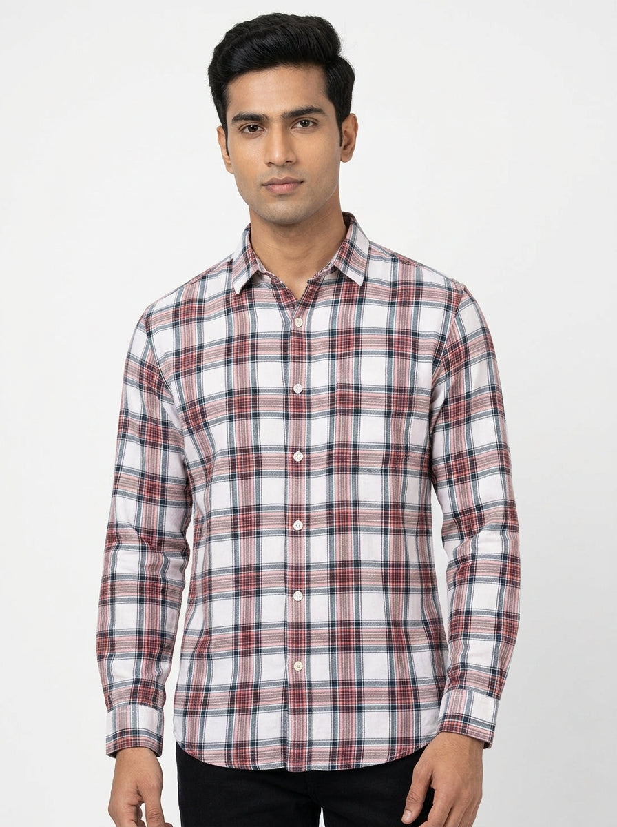 White Multi-Color Plaid Casual Button-Down Shirt