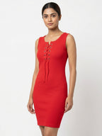 Red Sleeveless Lace-Up Detail Bodycon Dress