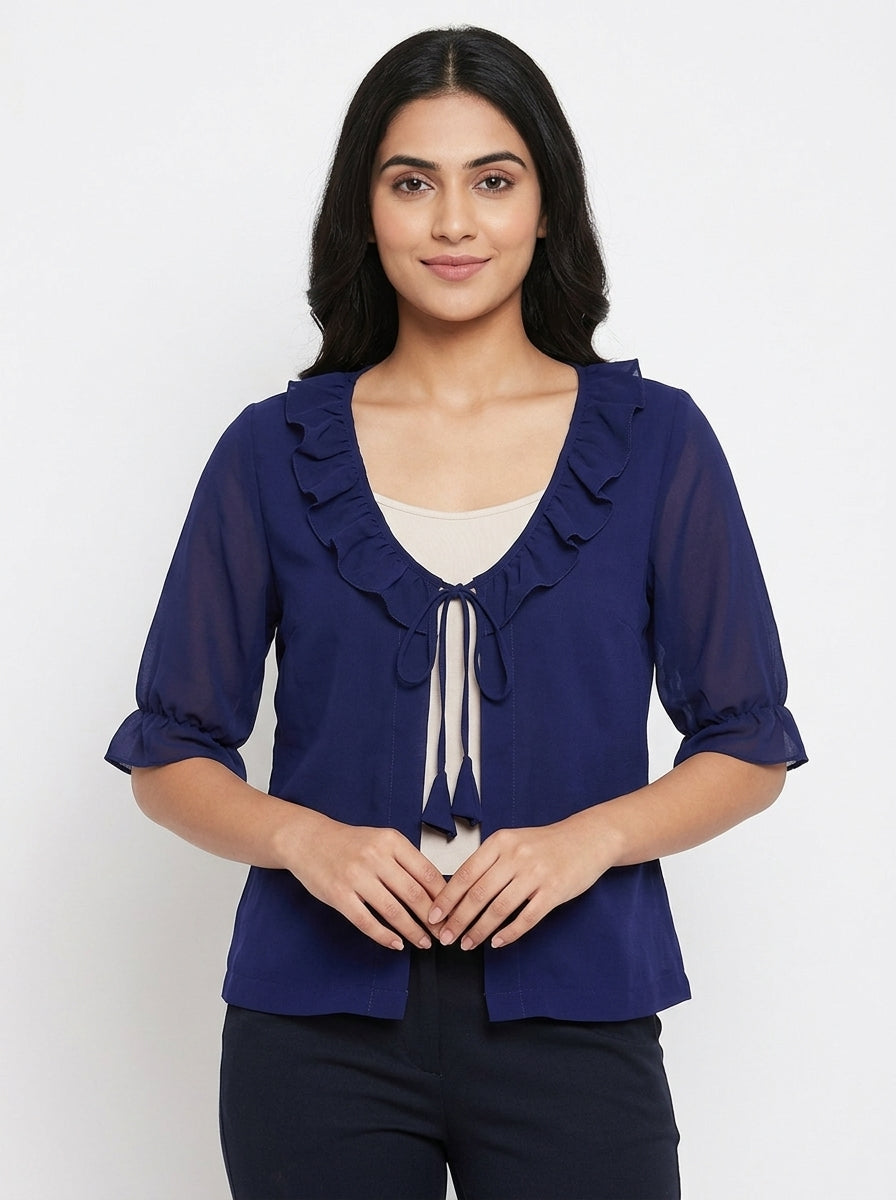 Navy Ruffled Tie-Front Shrug