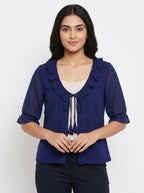 Navy Ruffled Tie-Front Shrug
