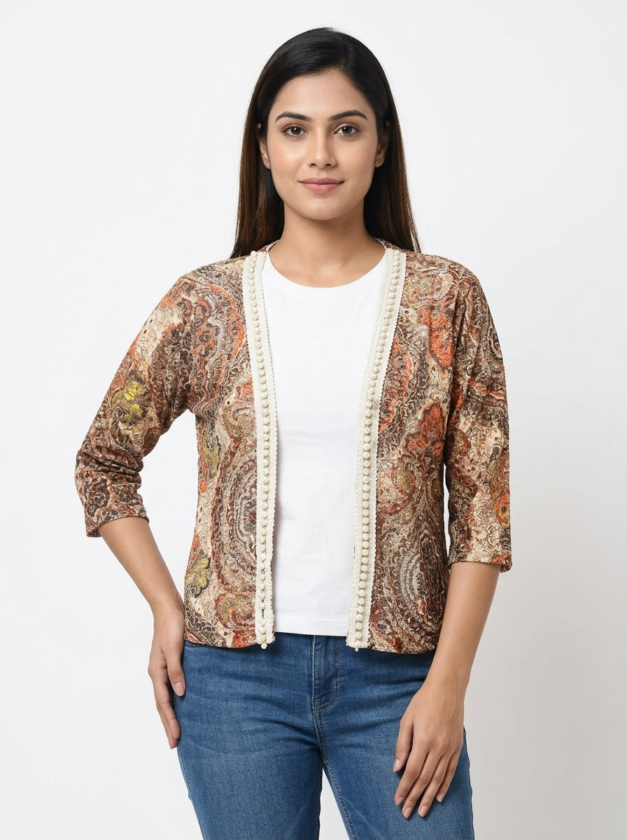 Women's Brown Paisley Print Open-Front Shrug with Pearl Trim