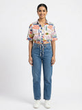 White Multi-Patterned Casual Tie-Front Top