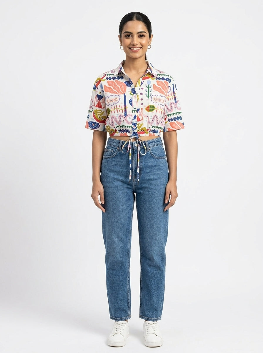 White Multi-Patterned Casual Tie-Front Top