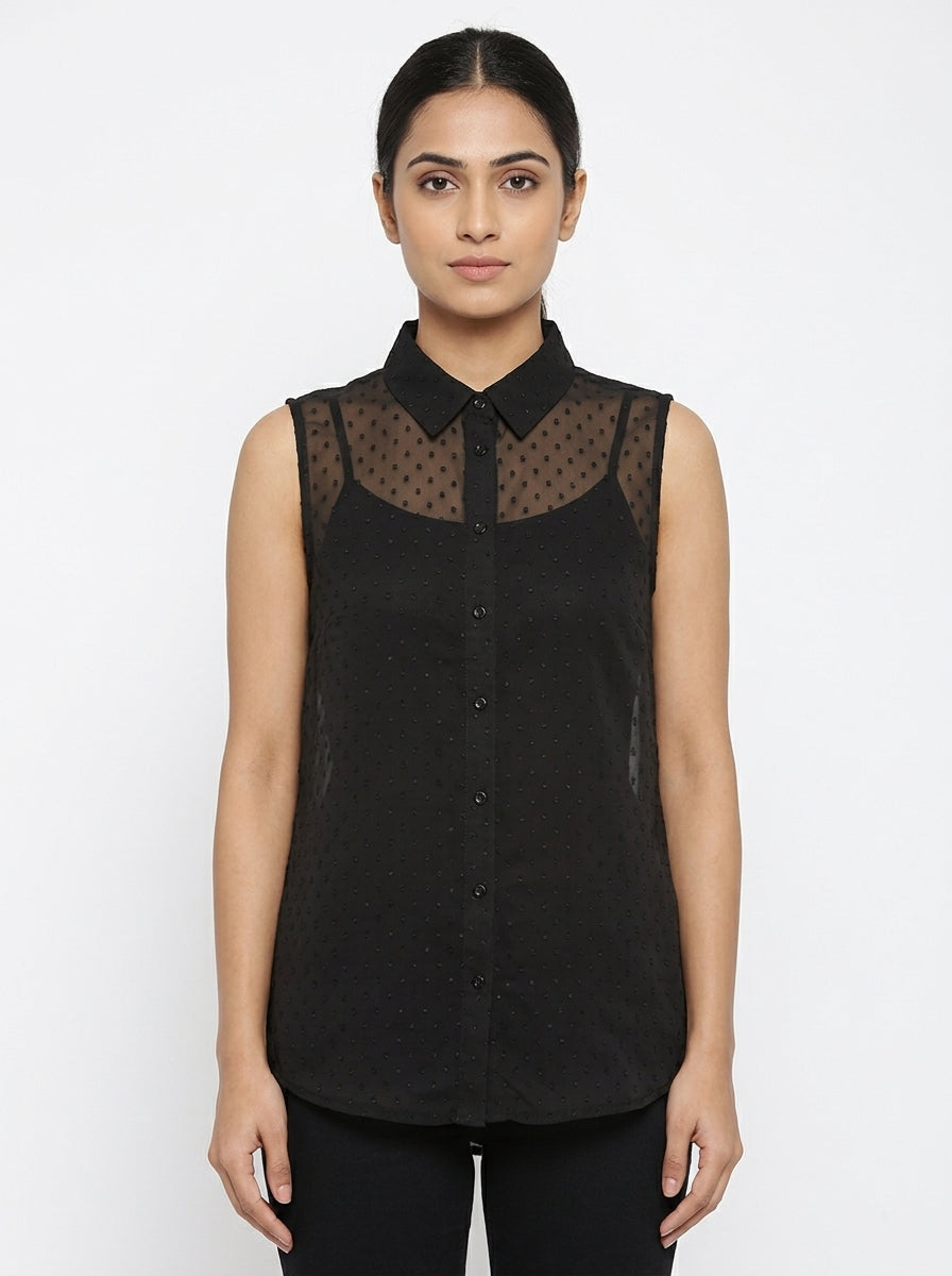 Black Sheer Polka Dot Sleeveless Button-Up Top