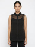Black Sheer Polka Dot Sleeveless Button-Up Top