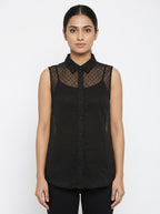 Black Sheer Polka Dot Sleeveless Button-Up Top