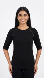 Black Ribbed Knit Top with Stud Embellishment
