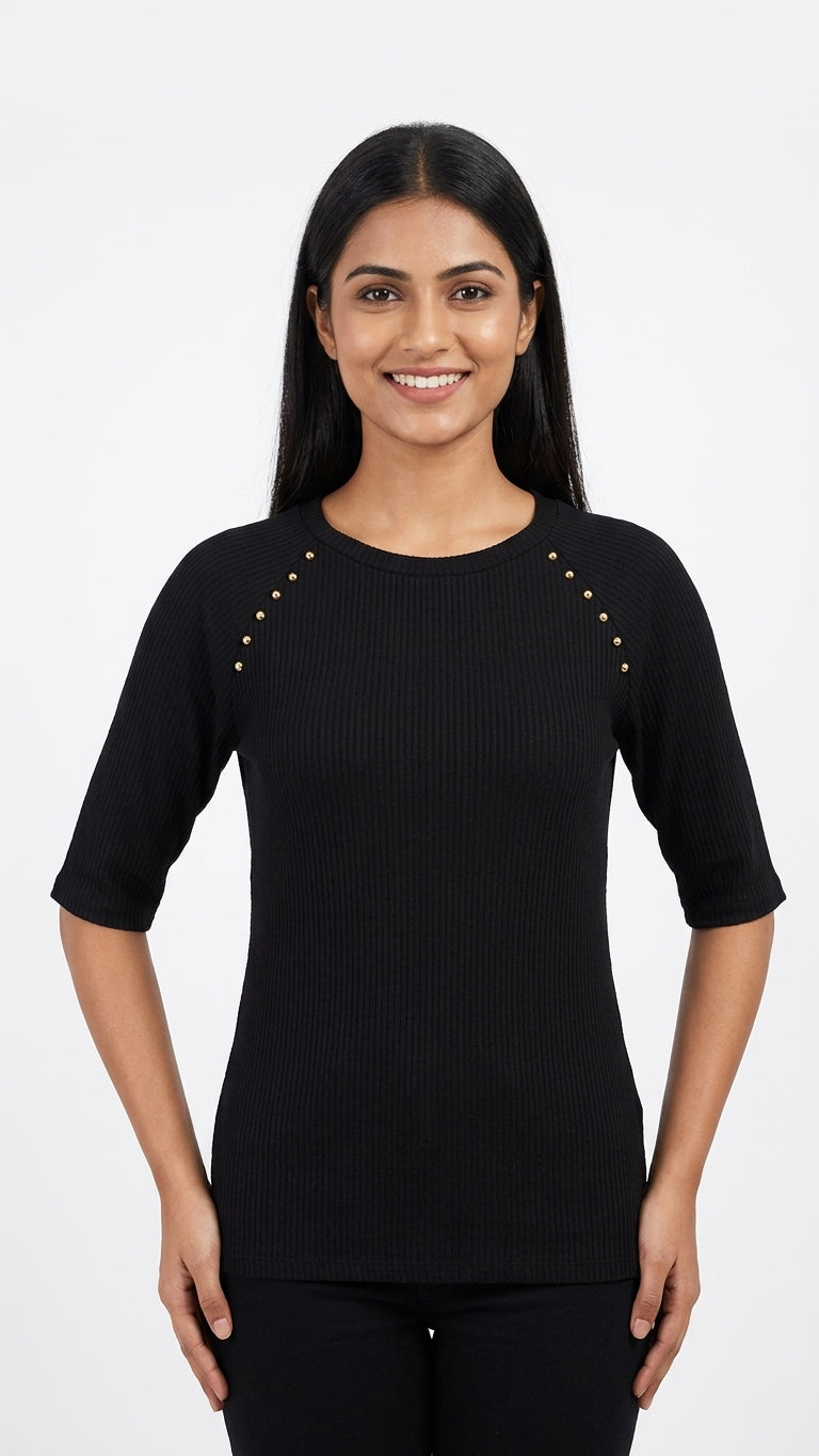 Black Ribbed Knit Top with Stud Embellishment