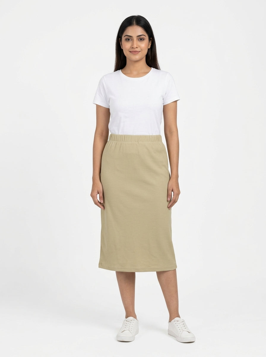 Women's Beige Ribbed Midi Skirt