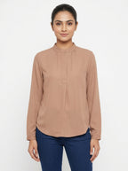 Women's Tan Mandarin Collar Long Sleeve Top