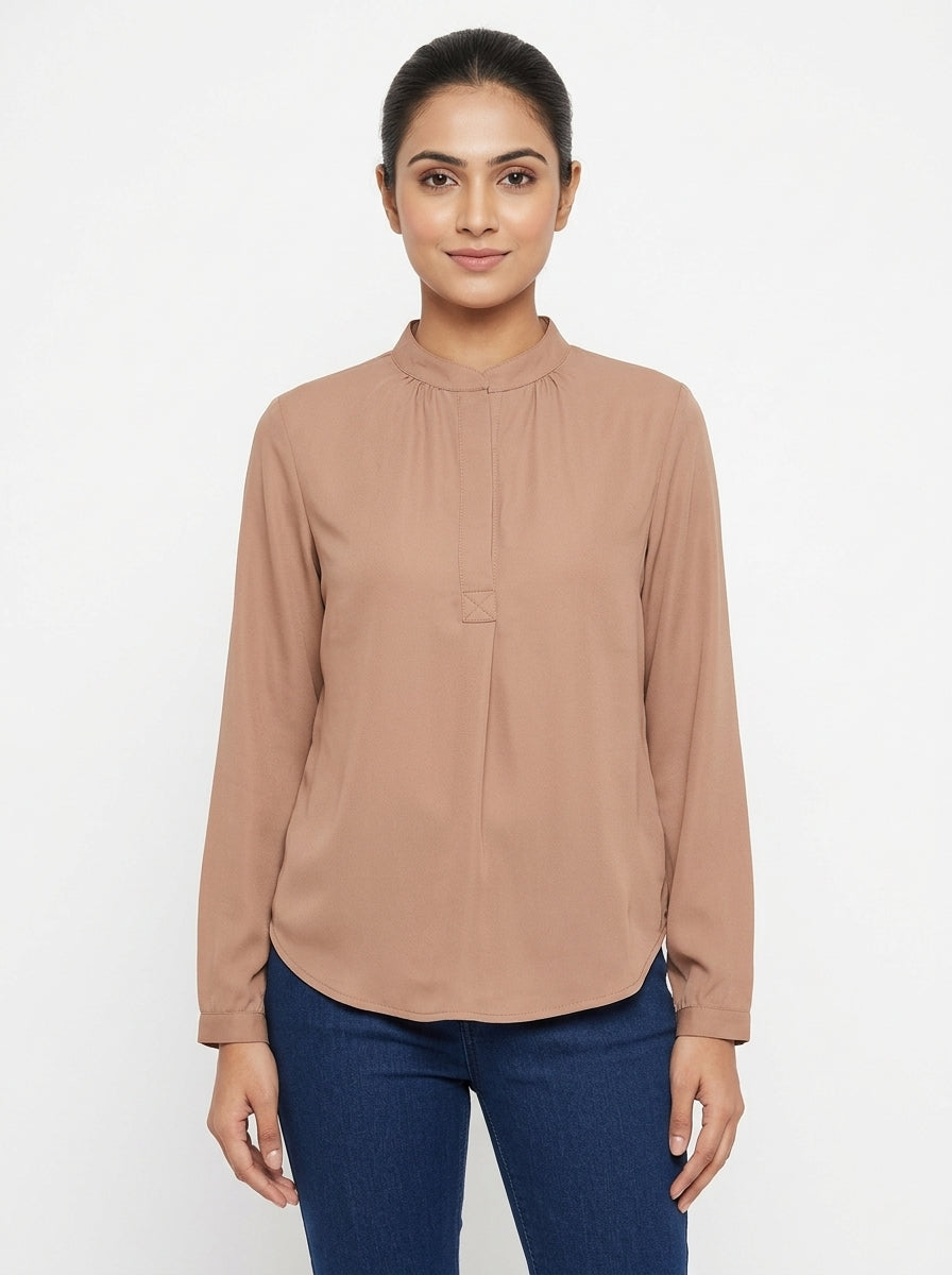 Women's Tan Mandarin Collar Long Sleeve Top