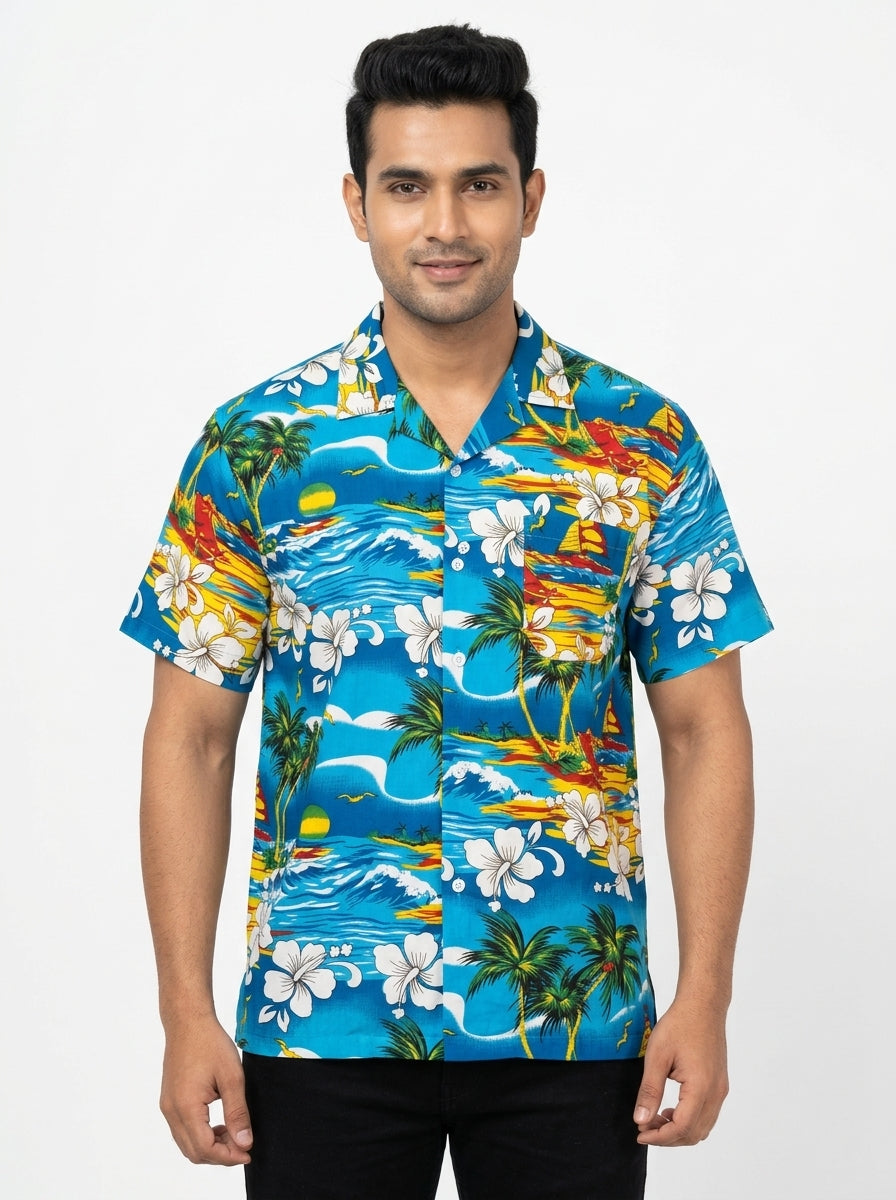 Blue Tropical Print Casual Hawaiian Shirt