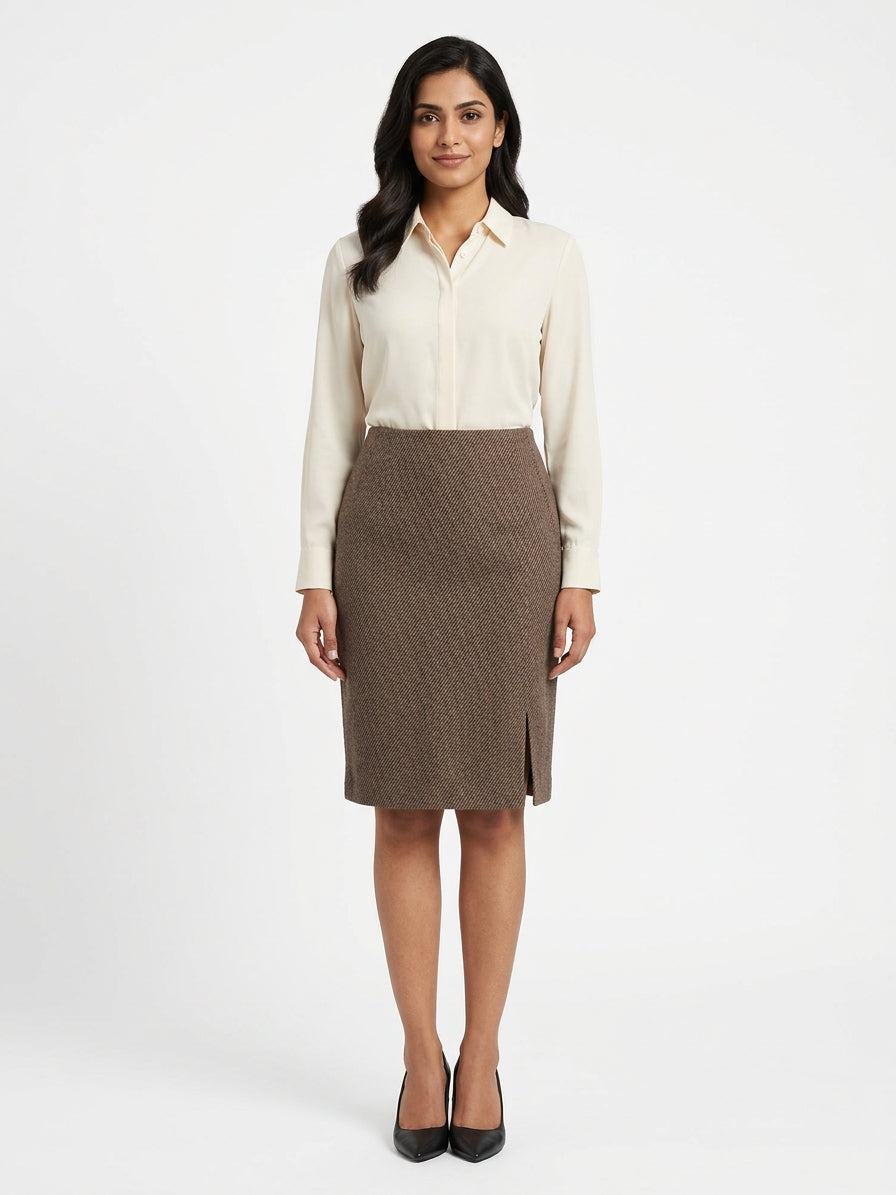 Brown Textured Slim Fit Pencil Skirt