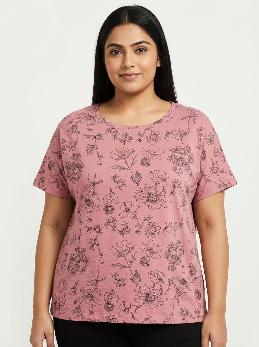 Pink Floral Print Round Neck Short Sleeve Top