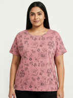Pink Floral Print Round Neck Short Sleeve Top
