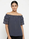 Navy Blue and White Striped Ruffled Off-Shoulder Top