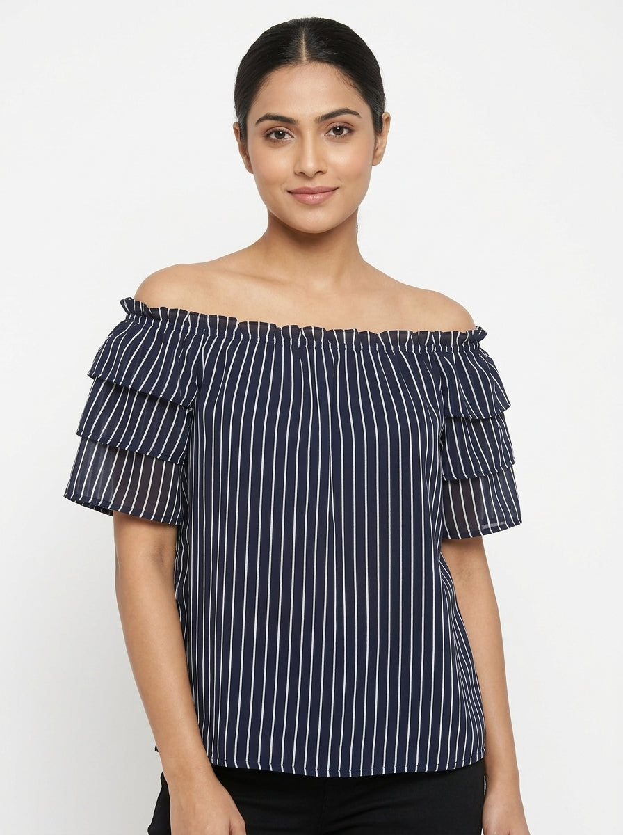 Navy Blue and White Striped Ruffled Off-Shoulder Top