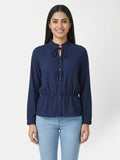 Women's Navy Ruffle Neck Long Sleeve Blouse