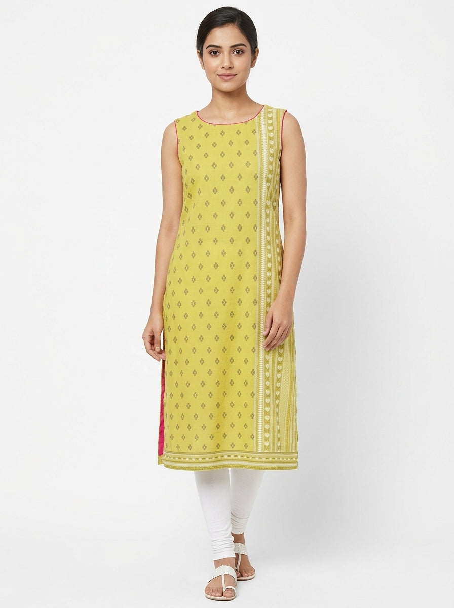 Women's Yellow Printed Sleeveless Kurti
