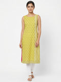 Women's Yellow Printed Sleeveless Kurti