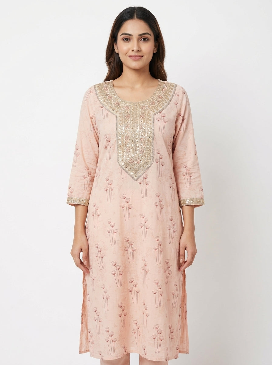 Women's Light Pink Floral Printed Top/Kurta