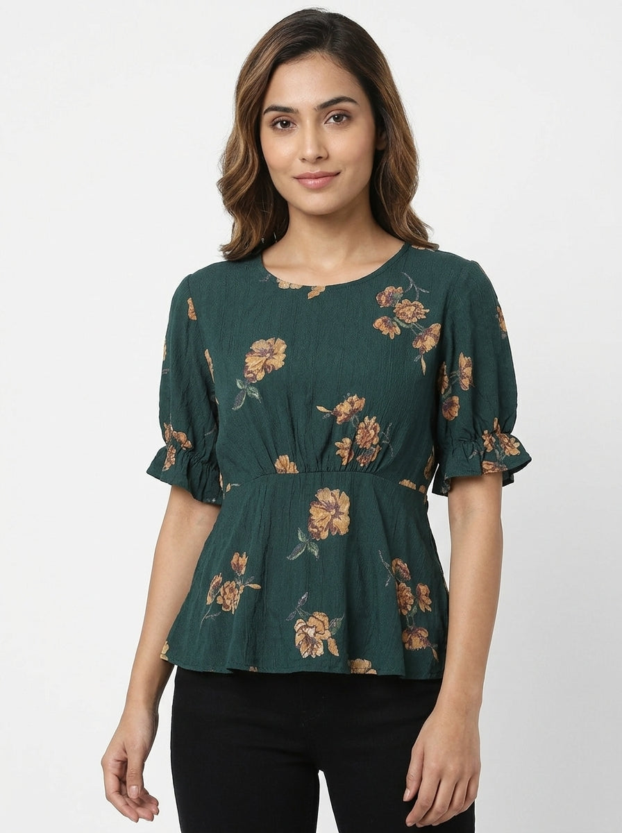 ONLY Women's Dark Green Floral Textured Top
