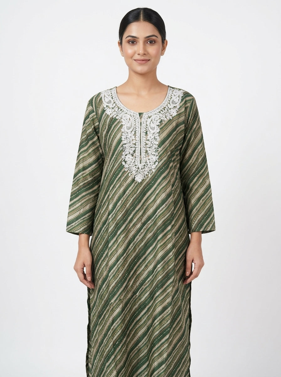 Green and Brown Striped Tunic with Crochet Trim