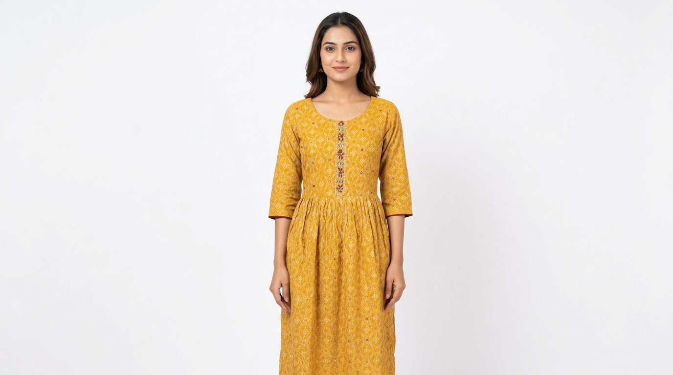 Yellow Printed Embellished Kurti