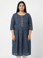 Blue Bandhani Style Kurti with Gold Trim and Red Embellishments