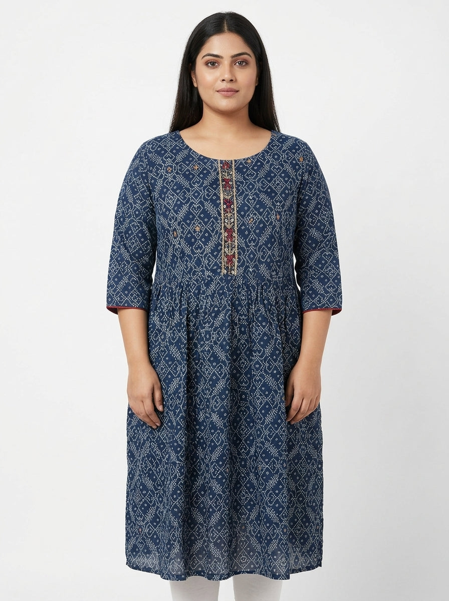 Blue Bandhani Style Kurti with Gold Trim and Red Embellishments