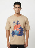 Beige Graphic Print T-Shirt with Japanese Motif