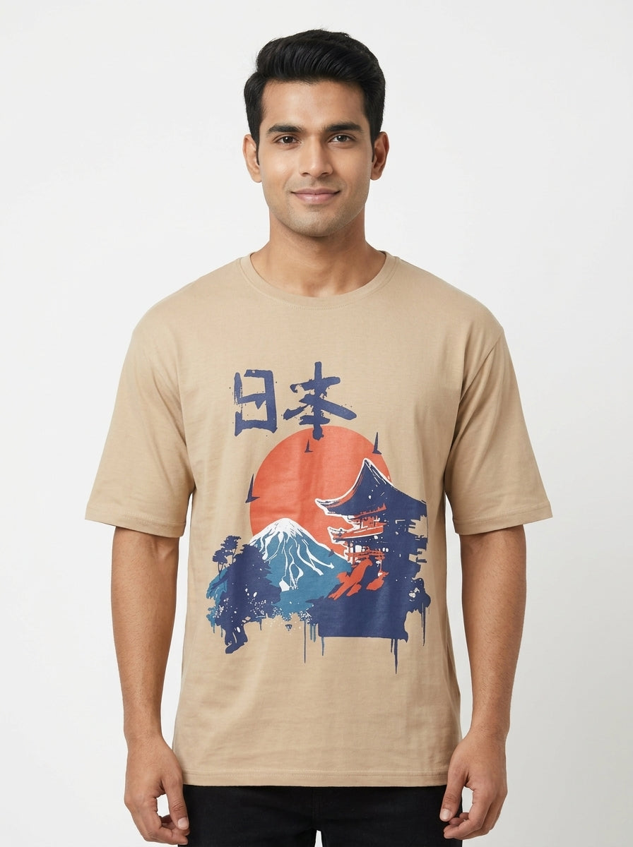 Beige Graphic Print T-Shirt with Japanese Motif