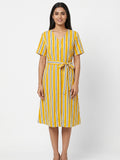 Women's Yellow Striped V-Neck Tie-Waist Midi Dress