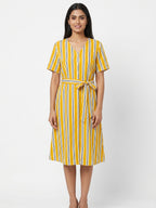 Women's Yellow Striped V-Neck Tie-Waist Midi Dress