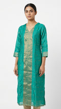 Teal Green V-Neck Kurti with Gold Print Detail