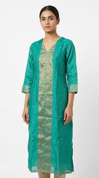 Teal Green V-Neck Kurti with Gold Print Detail