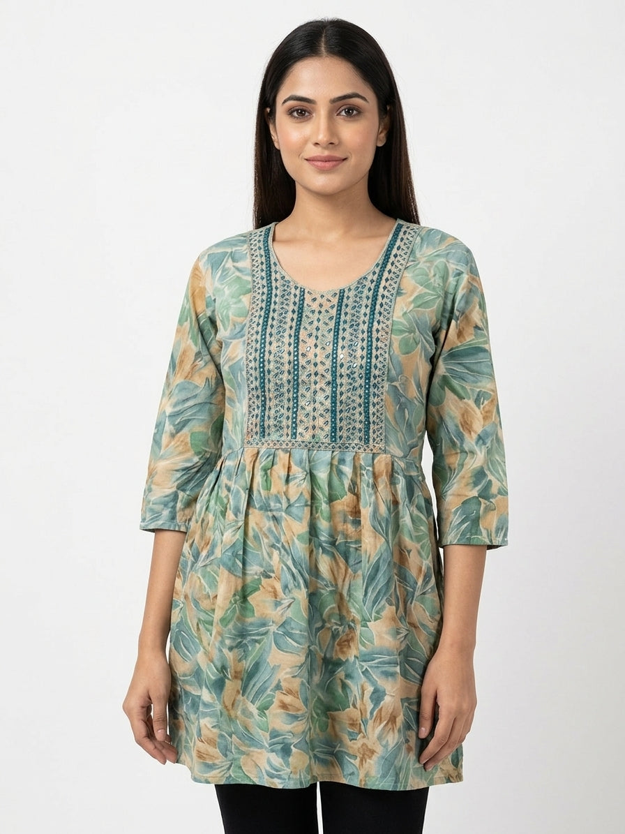 Women's Teal Floral Print Embroidered Maxi Dress