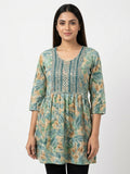 Women's Teal Floral Print Embroidered Maxi Dress