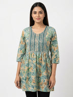 Women's Teal Floral Print Embroidered Maxi Dress