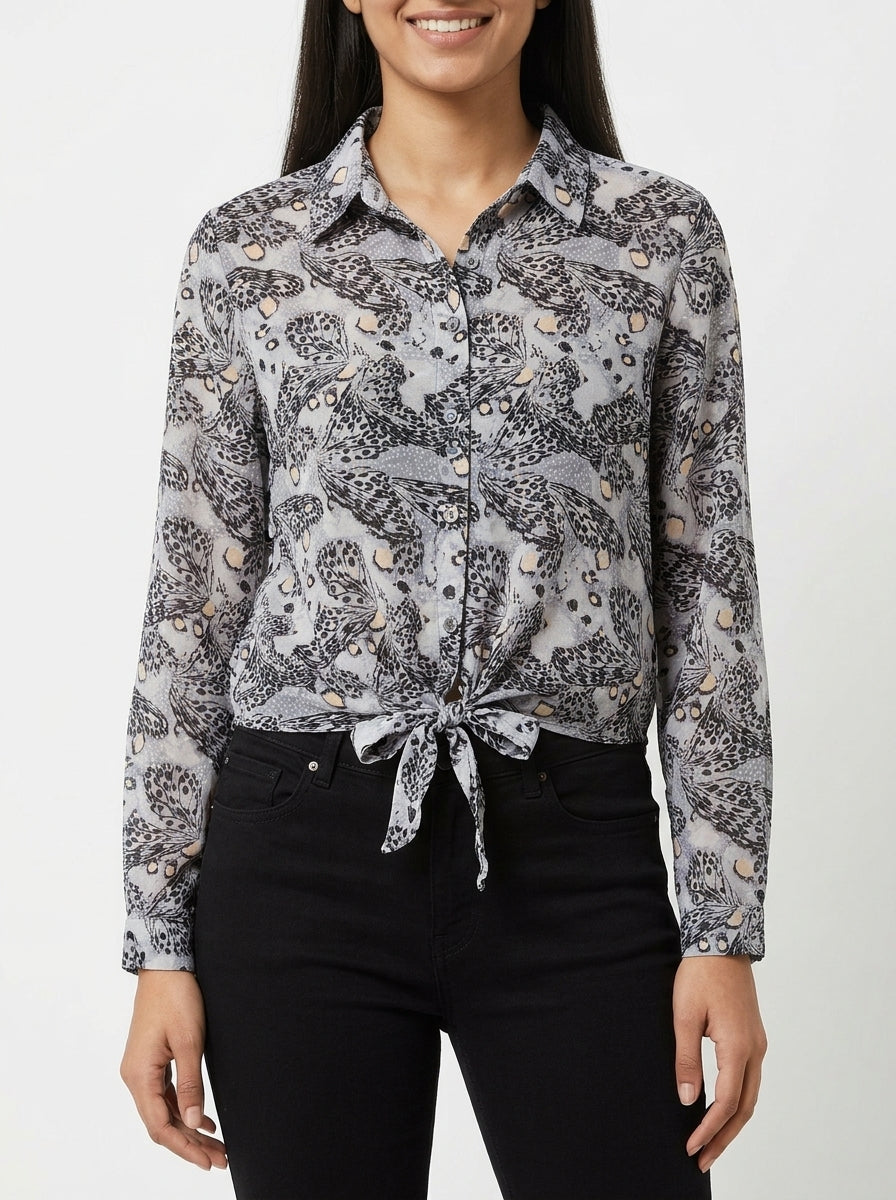 Grey Patterned Long Sleeve Tie-Hem Top