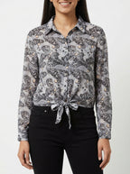 Grey Patterned Long Sleeve Tie-Hem Top
