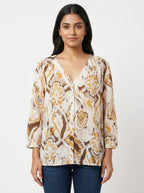 Women's Cream Abstract Print V-Neck Relaxed Top