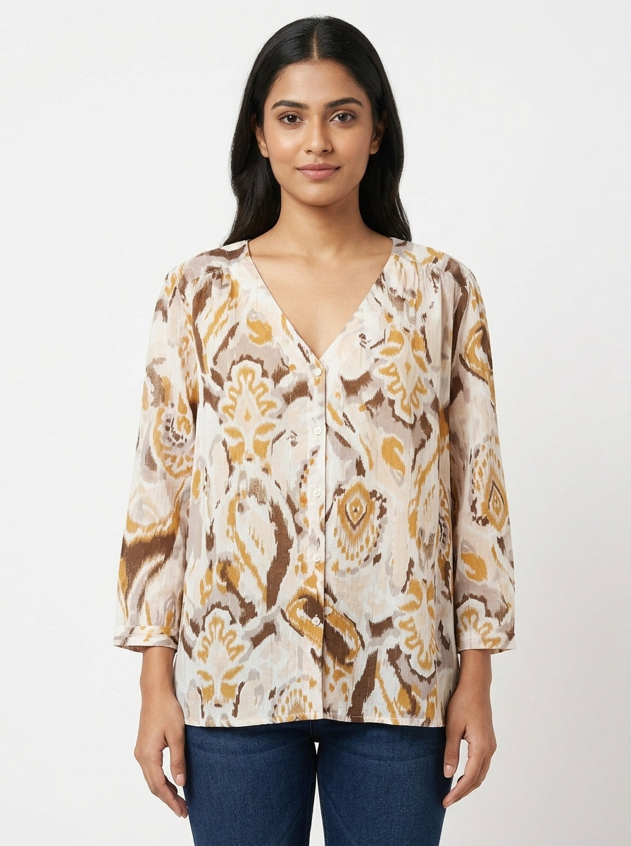 Women's Cream Abstract Print V-Neck Relaxed Top