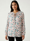White Floral Print Tie-Neck Blouse
