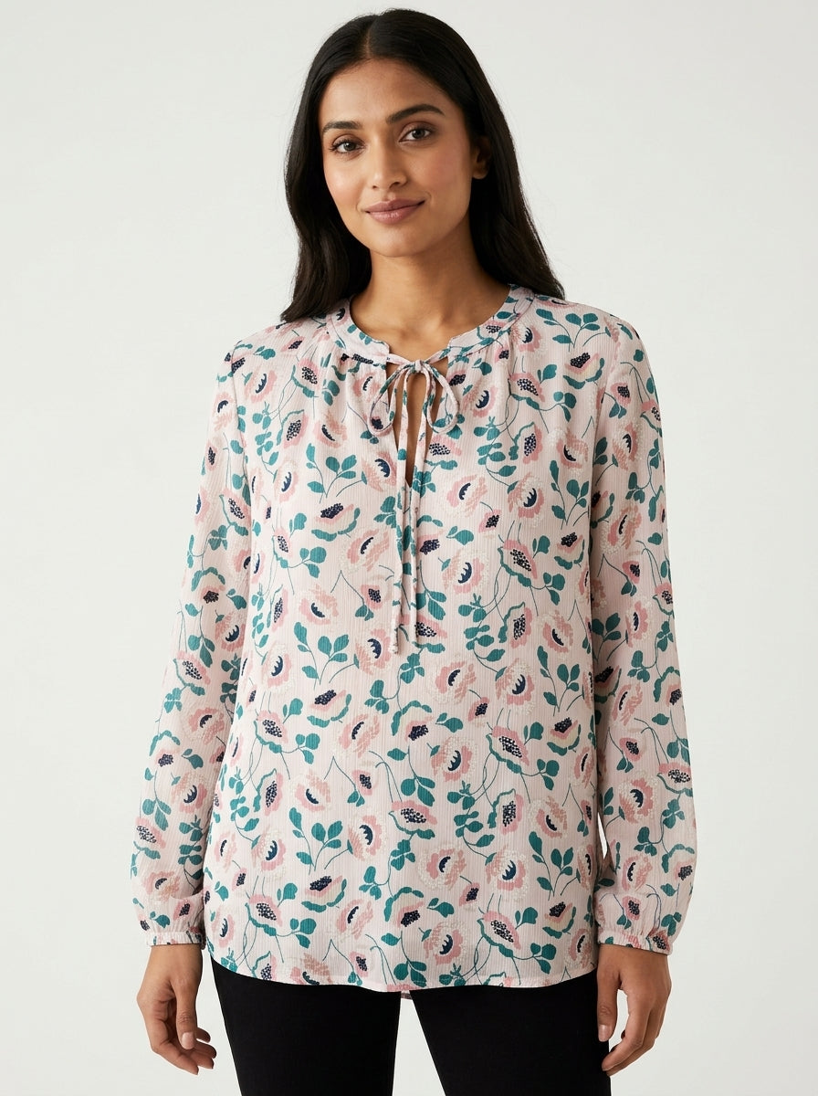 White Floral Print Tie-Neck Blouse