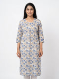 White & Blue Floral Printed Cotton Kurti