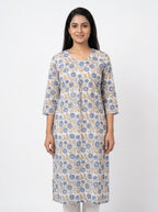 White & Blue Floral Printed Cotton Kurti