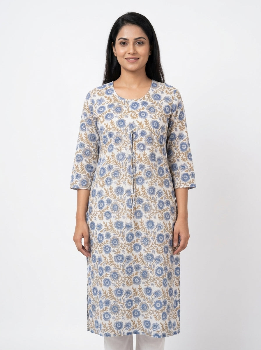 White & Blue Floral Printed Cotton Kurti