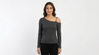 Charcoal Ribbed One-Shoulder Top with Chain Detail